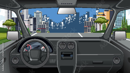 First Person View of Car Interior Driving Toward City Skyline
