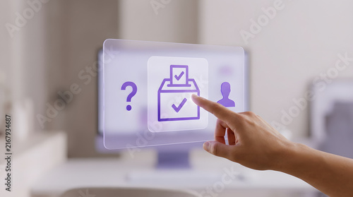 Hand touching a virtual voting icon on a transparent digital screen interface, featuring a question mark, a person silhouette, and a ballot box with a checkmark featuring election, vote and democracy