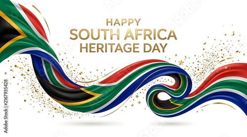 Happy south africa heritage day celebration with a waving south african flag ribbon and golden glitter confetti isolated on white background