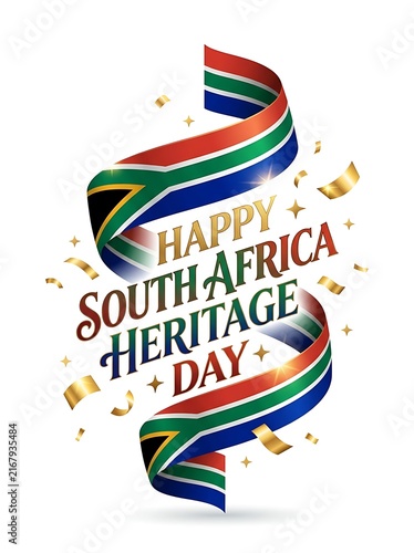 Happy south africa heritage day celebration with waving national flag ribbon and golden confetti isolated on white background