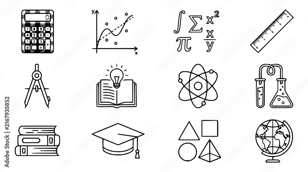 Fototapeta premium Education and Science Icons: Math, Physics, Chemistry, Geometry, Globe