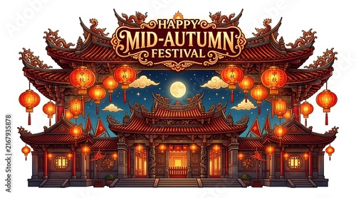 Traditional chinese architecture decorated with glowing red lanterns under a full moon for the midautumn festival celebration, isolated on white background