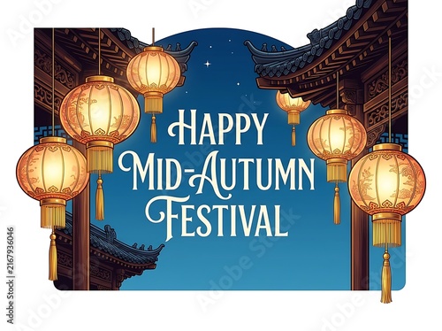 Happy midautumn festival greeting card design with traditional chinese lanterns hanging from ornate temple eaves against a starry night sky background