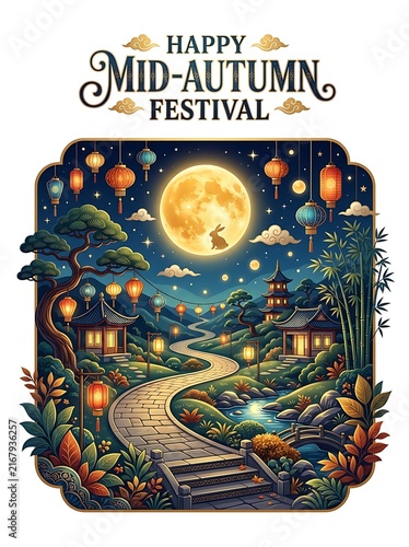 Midautumn festival illustration featuring a full moon with a rabbit silhouette, traditional lanterns, pagodas, a stone path, and lush garden landscape