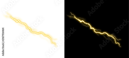 Bright yellow lightning bolt electrical strike isolated on clean white and black background overlay