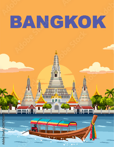 Bangkok Travel Poster with Wat Arun Temple and Long-tail Boat at Sunset