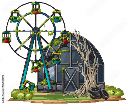 Abandoned Ferris Wheel Beside Derelict Building and Dead Tree