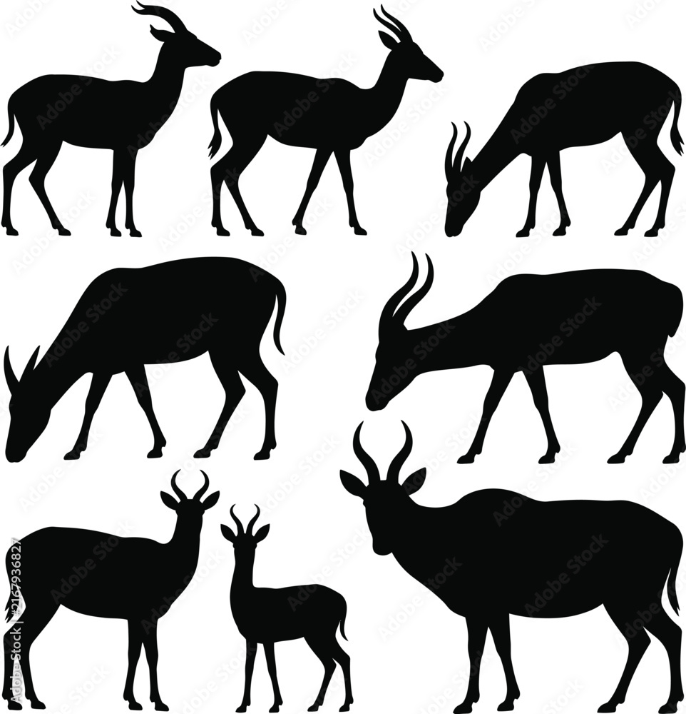Naklejka premium Black silhouettes of running wildebeests or antelopes in a row herd