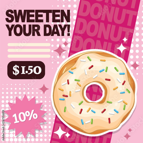 Retro Pop Art Style Donut Advertisement with White Frosting and Sprinkles