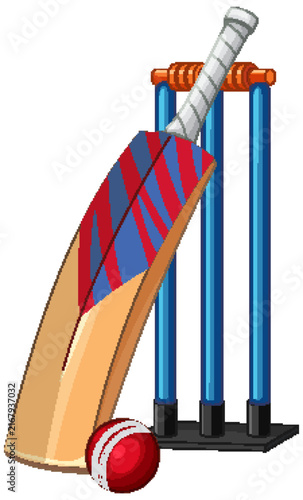 Vector Illustration of Cricket Bat Ball and Wickets on White Background