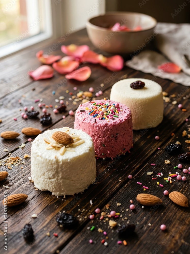 Fototapeta premium Assorted Mini Curd Cheese Cakes with Almonds, Sprinkles, and Berries on a Rustic Wooden Table