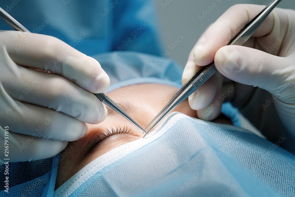 Naklejka premium Surgeon uses forcpic and scalpel for eyelid correction surgery in clinic. Patient on cosmetic procedure for facial rejuvenation. Medical team performs blepharoplasty with precision tools.