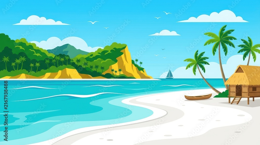 Naklejka premium Tropical Beach Paradise Vector Illustration with Palm Trees, Ocean Waves, and a Cozy Beach Hut on White Sand