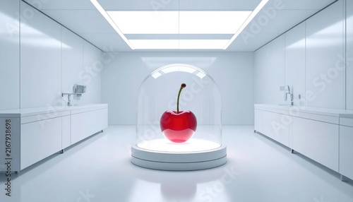 Modern laboratory with single red cherry.