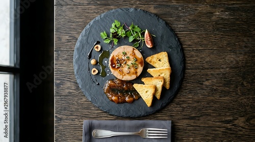 Gourmet Foie Gras Appetizer Served with Toast and Fig Jam on Slate Platter