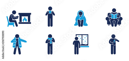 Winter Cozy Indoor Stick Figure Icon Set Two Tone Blue Fireplace Hot Drink Blanket Reading Snow Vector Design