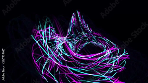 Abstract flowing bright lines creating dynamic neon energy pattern on black background, futuristic data stream visualization or digital art motion graphic for modern design projects.