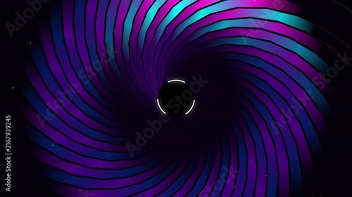 Abstract rotating neon spiral tunnel animation with glowing purple cyan stripes and dark center background perfect for vj loop club visuals and motion graphics.