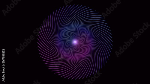 Abstract neon spiral with glowing core expanding and rotating on black background creating immersive dynamic visual element for modern digital content.
