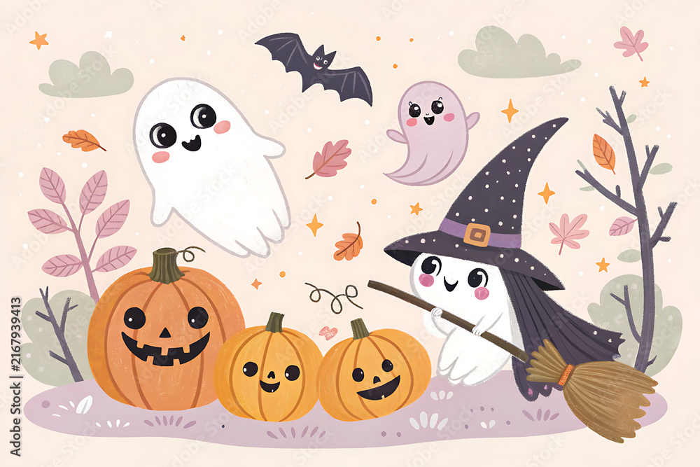 Fototapeta premium Halloween doodle illustration with ghosts, pumpkins, bats, witches, spooky cute aesthetic.