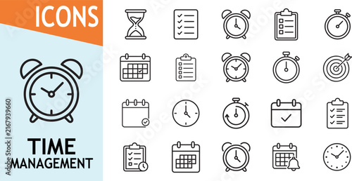 Time management alarm and checklist icon set for planning