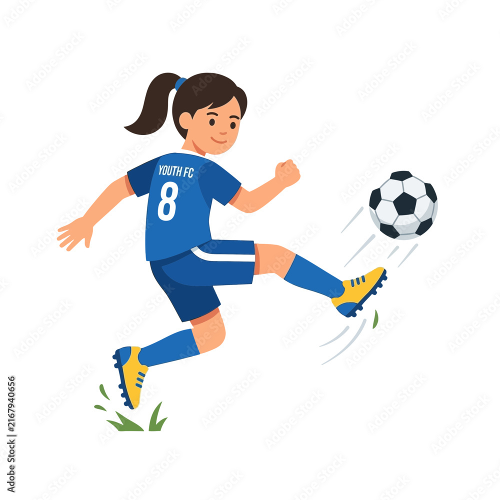 Obraz premium Young girl football player in blue jersey kicking soccer ball on transparent background