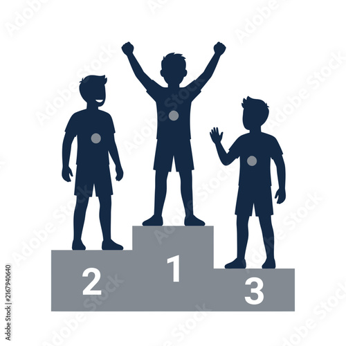 Three young athletes celebrating victory on a competition podium with medals