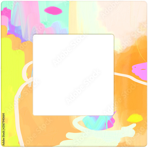 Bright warm pastel abstract painting frame background template with white center. Playful textured and doodle elements.