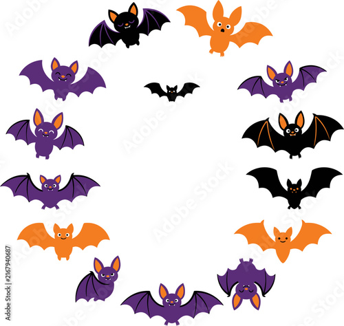 Cute cartoon bats flying in a circle during Halloween night with festive decorations and spooky elements