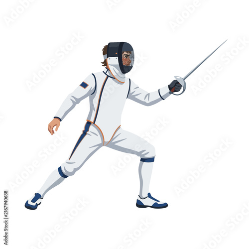 Male fencer in white protective uniform holding foil during practice isolated on background