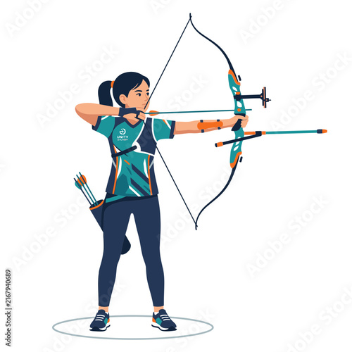 Female archer aiming a professional bow and arrow during an outdoor sports competition.