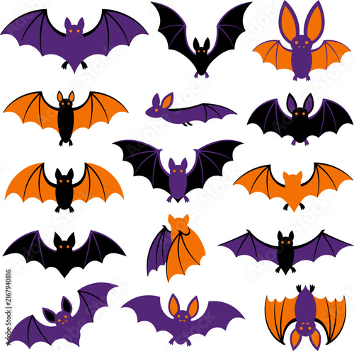 Cute cartoon bats flying in different poses against a white background for Halloween