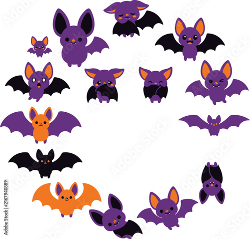 Cute cartoon bats in a circular arrangement with purple and orange wings during Halloween night