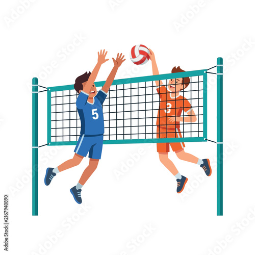Two young men playing volleyball during a match jumping to spike and block over the net