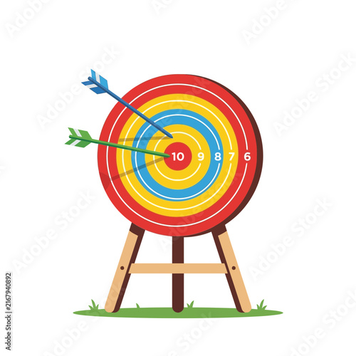 Archery target with arrows hitting the center on a wooden stand for sport and goal achievement