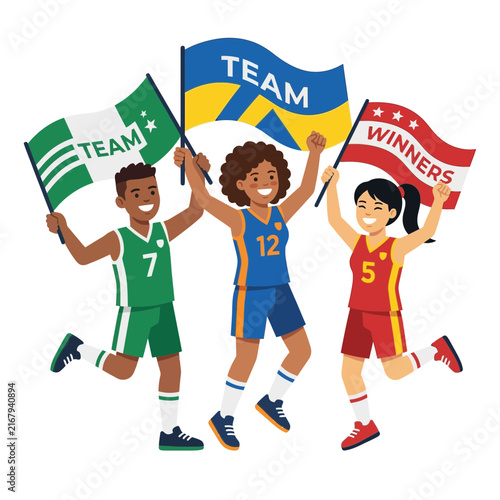 Diverse athletes cheering with flags to celebrate victory after a sports competition.