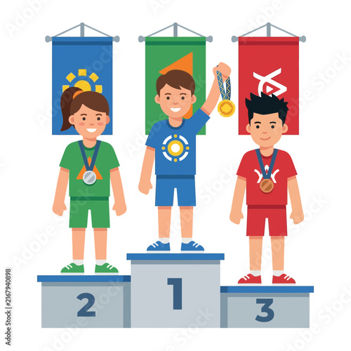 Three happy children athletes standing on a sports podium celebrating victory with medals.