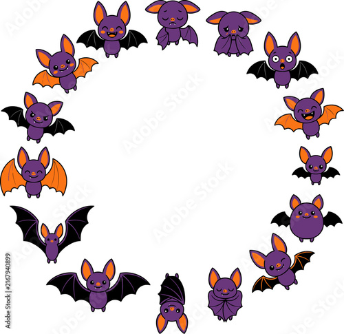 Cute cartoon bats in a circular frame against a white background with orange accents for Halloween