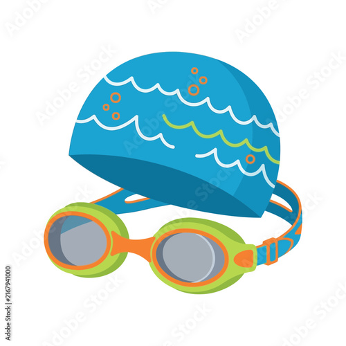 Blue swimming cap and green goggles set for kids pool activity isolated on transparent background