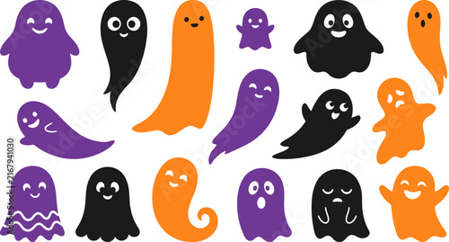 Cute cartoon ghost characters with happy expressions in purple orange and black against white