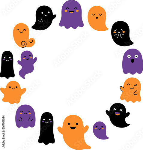 Cute cartoon ghosts in a circle with happy playful expressions during Halloween season