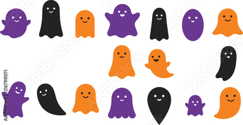 Cute cartoon ghosts in purple orange and black against a white background in a playful arrangement