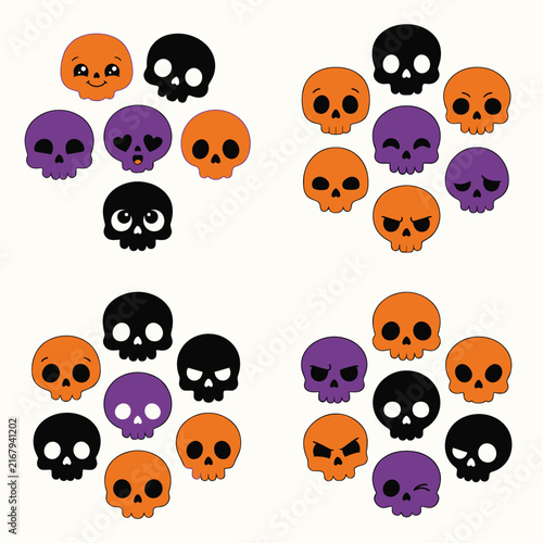 Cute cartoon skulls in orange purple black with happy sad faces on white background