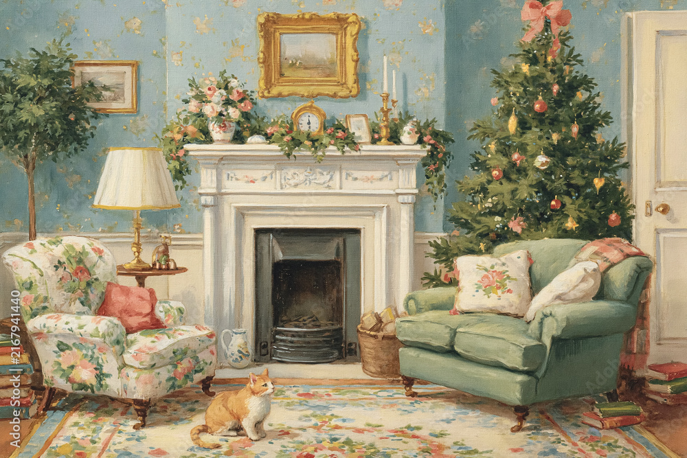 Naklejka premium Living room painting featuring a warm holiday scene with a cat, decorated Christmas tree, fireplace, and comfortable armchairs