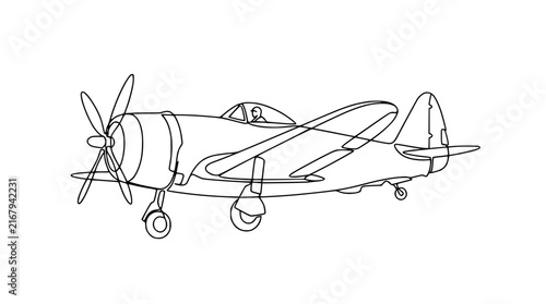 Line Art of a Vintage Fighter Plane with Pilot, Isolated