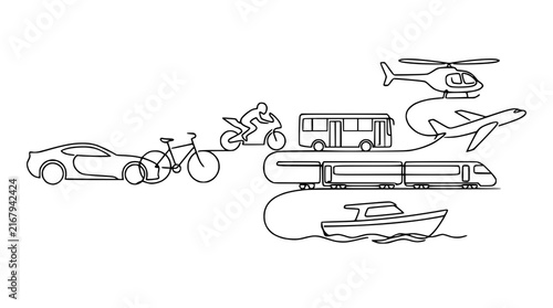 Diverse Transportation Methods Line Art Isolated - Car, Bike, Motorcycle, Bus, Train, Plane, Boat