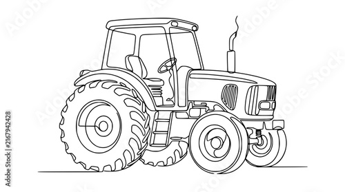 Continuous Line Drawing of a Farm Tractor, Isolated on Transparent Background