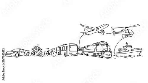 Diverse Transportation Methods Collection: Car, Motorcycle, Bicycle, Bus, Train, Plane, Boat