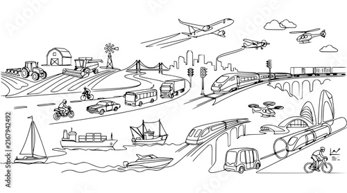 Diverse Transportation Methods: Air, Land, Sea, Future Travel, Isolated Elements