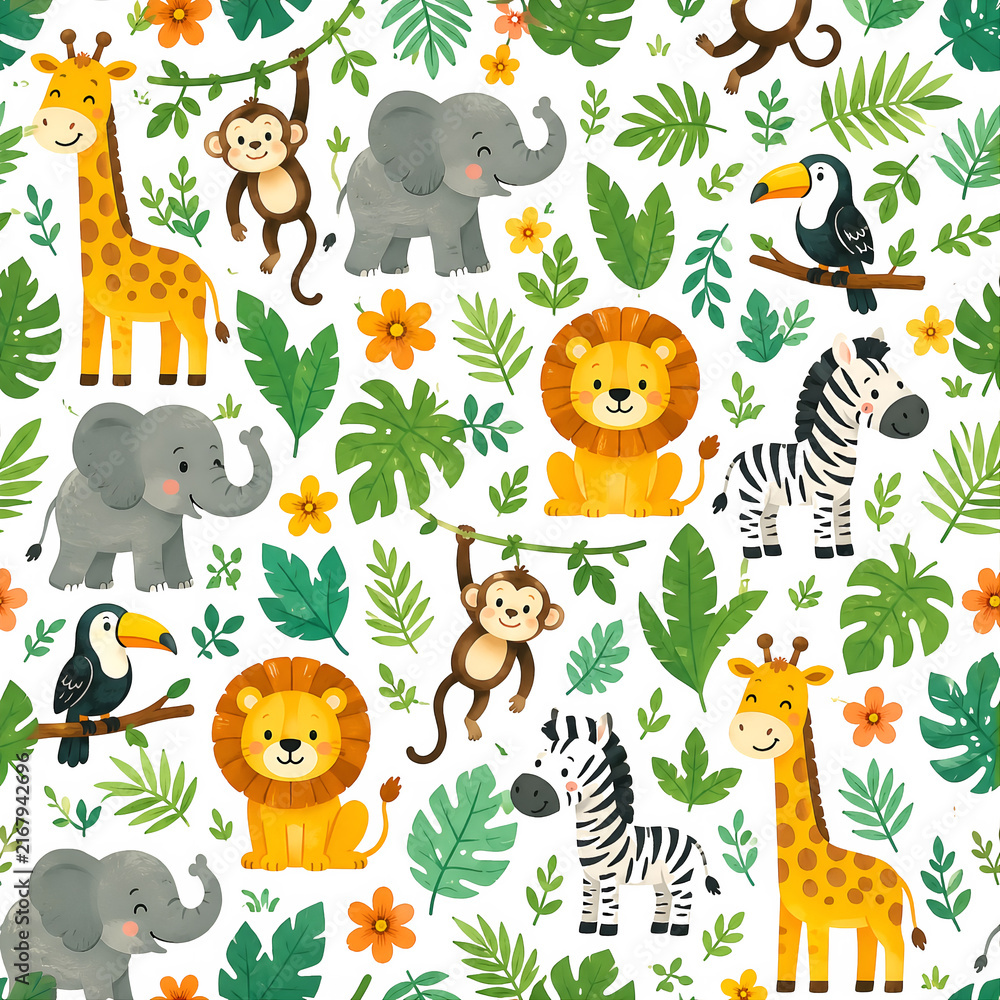 Naklejka premium Cute seamless jungle safari pattern with giraffe, elephant, lion, zebra, monkey, toucan, tropical leaves and flowers. Ideal for kids fabric, nursery wallpaper, wrapping paper, textiles and backgrounds